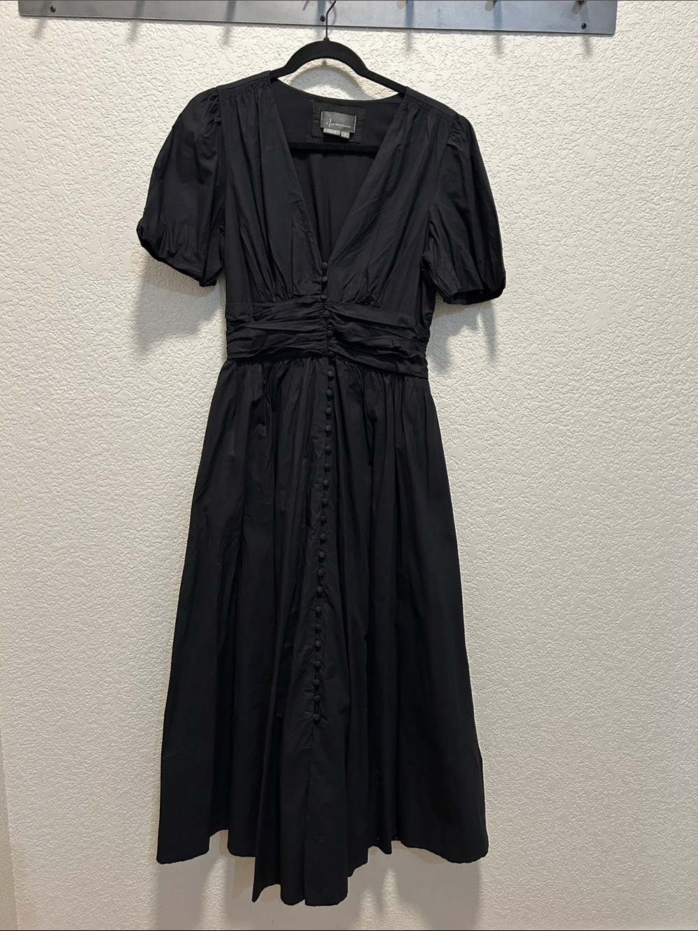 Anthropologie Katerina Black V-Neck Button-Front Midi Dress with side Pockets